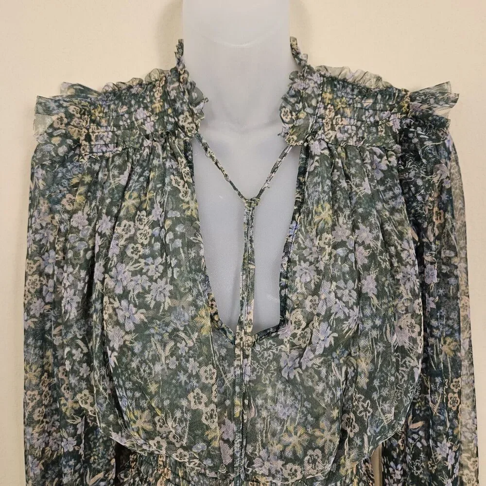 Free People Twyla Floral Sheer Blouse Women XS Ruffled Smocked Green Cottagecore